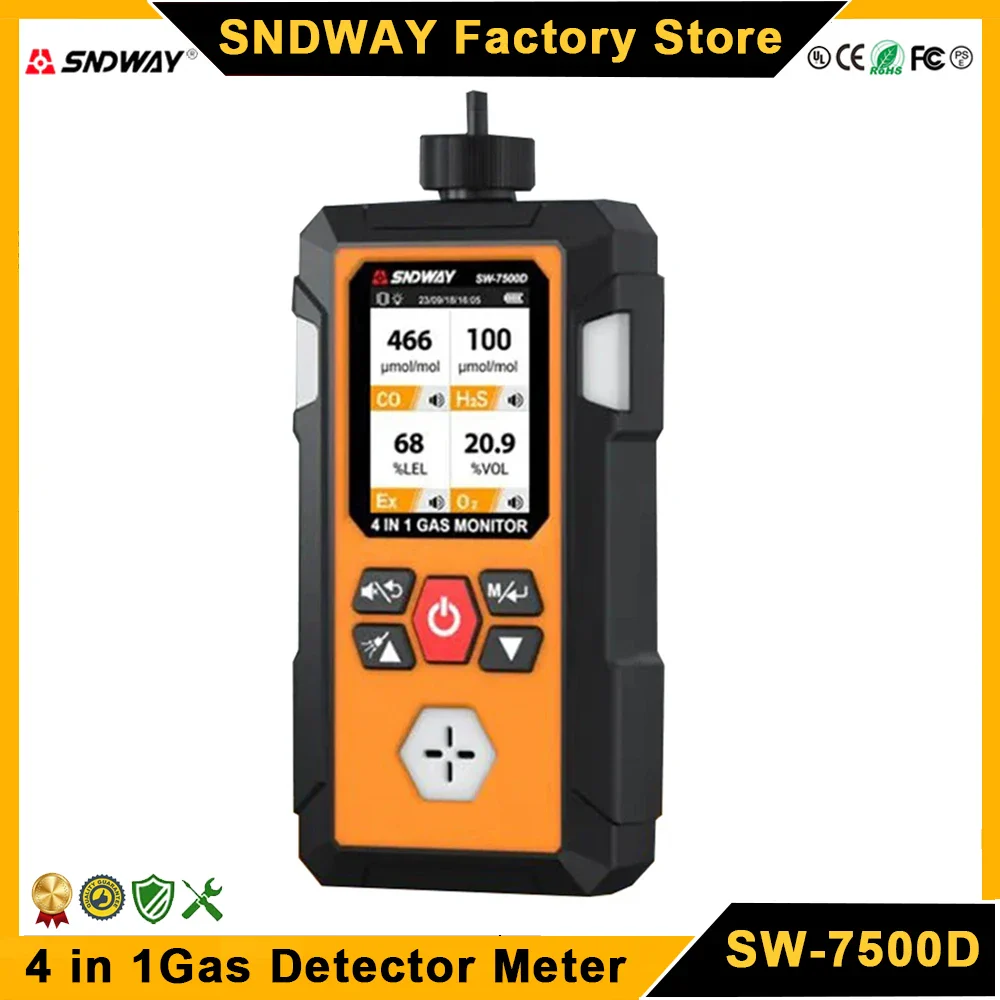 SNDWAY SW-7500D Gas Detector O2 Ex H2S CO Professional Oxygen Combustible Gas Hydrogen Sulfide Carbon Monoxide Gas Analyzer